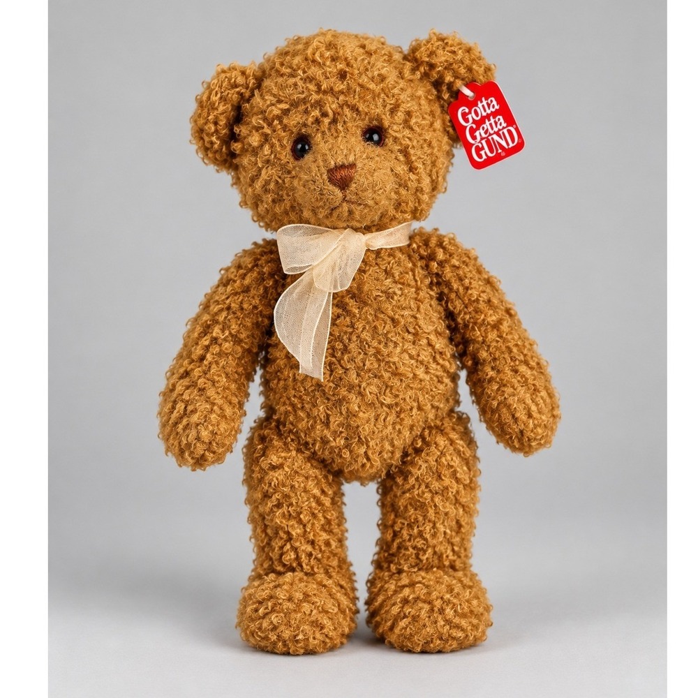 Vintage GUND Beezneez 6407 Teddy Bear 11in Brown Curly Plush Ribbon Bow